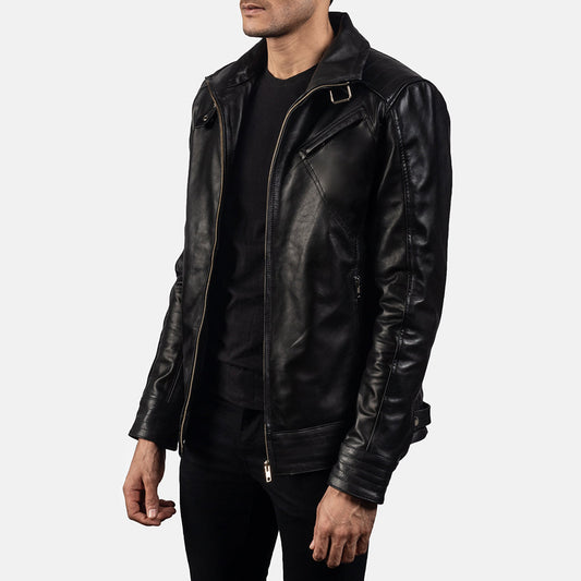 Men's Cowhide Leather Biker Jacket – High Neck with Belted Collar, Button Cuffs, Three Outside Pockets | Black