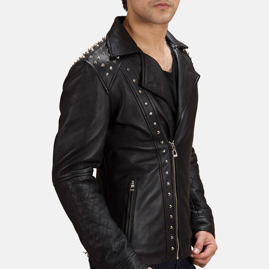 Men's Studded Sheepskin Leather Biker Jacket – Notch Collar, Zip Cuffs, Quilted Viscose Lining | Black