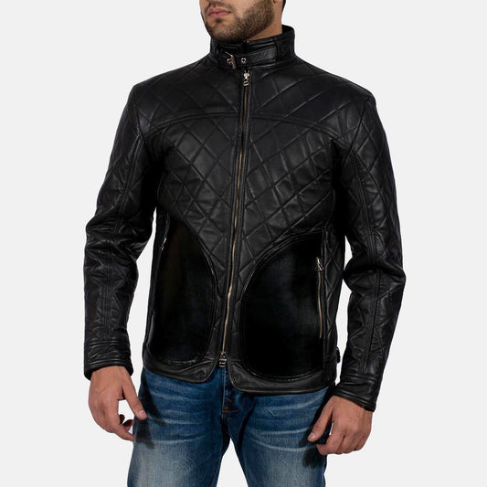 Equilibrium Men's Sheepskin Leather Jacket – High Neck with Belted Collar, Semi-Aniline Finish | Black