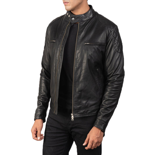 Gatsby Men's Goatskin Leather Biker Jacket – Quilted Shoulders and Elbow Pads, Band Collar, Four Pockets | Black