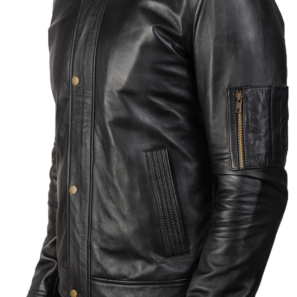 Men's Sheepskin Leather Biker Jacket – Band Collar with Snap, Snap Button Cuffs, Quilted Polyester Lining | Black