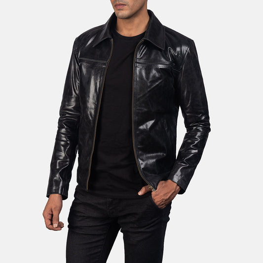 Men's Cowhide Leather Jacket – Shirt Collar, Zip Closure, Quilted Viscose Lining, Two Inside and Two Outside Pockets | Black