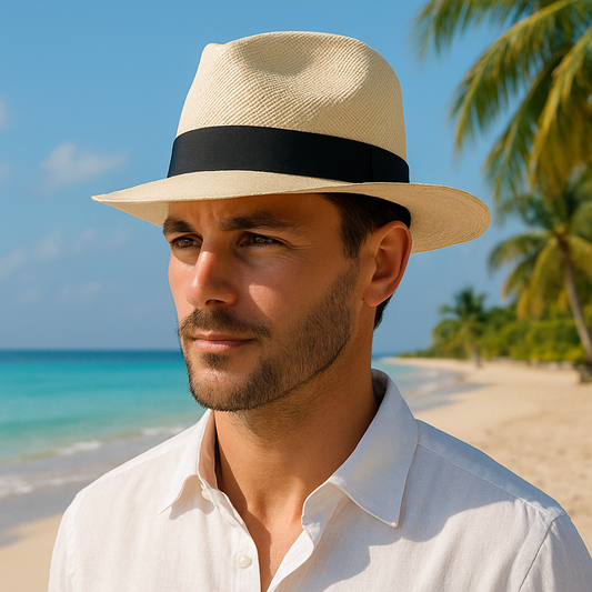 Men's Structured Straw Panama Hat – Firm Wide Brim, Contrasting Band, Lightweight Woven Straw, 56–60 cm