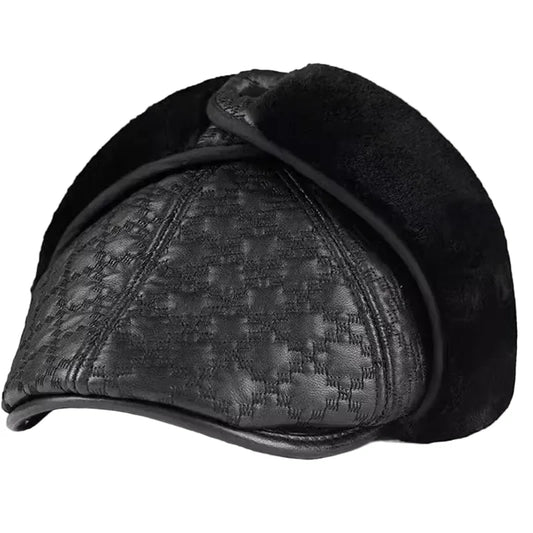 Pickford Men's Genuine Leather Earflap Flat Cap – Rhombus Pattern, Soft Lining, Three Sizes | Black