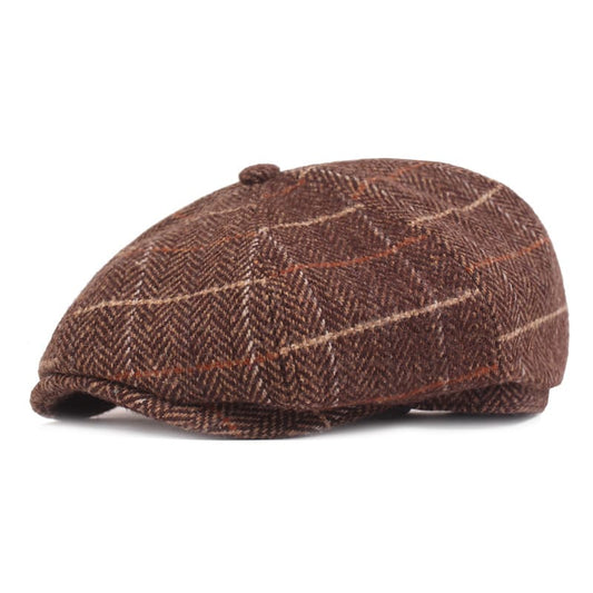 Men's Plaid Herringbone Wool Blend Newsboy Cap – Wool and Cotton, Checked Weave, Adjustable 55–59 cm Fit
