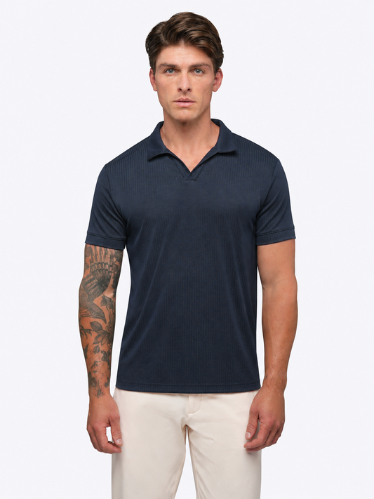 Men's Ribbed Knit Polo – Open V Neckline, Functional Stretch, Straight Hem, Tailored Fit | Pacific Blue