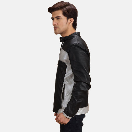 Men's Sheepskin Leather Biker Jacket – Silver Accents, Band Collar with Snap, Zip Cuffs with Snap Button | Black and Silver