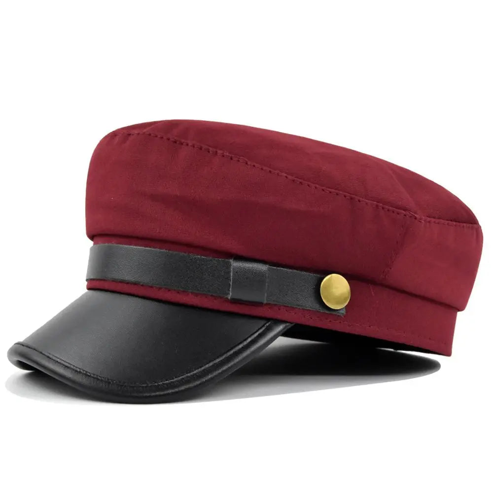 Men's Military-Style Sailor Cap – Cotton and PU Leather, Decorative Strap with Metallic Detail, Short Brim