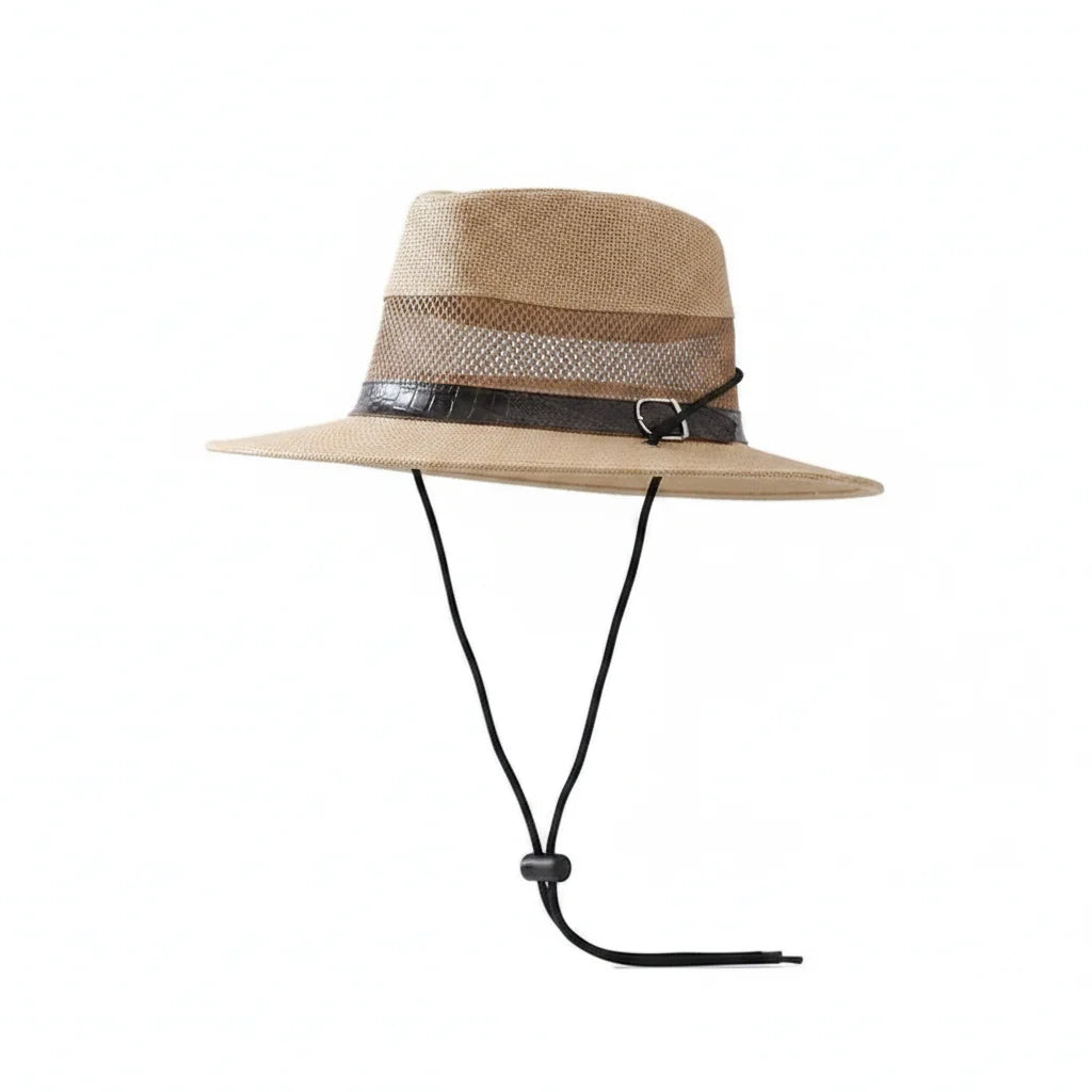 Men's Panama Hat with Chin Strap – Woven Polyester, Breathable Mesh Crown, Faux Leather Buckle Band