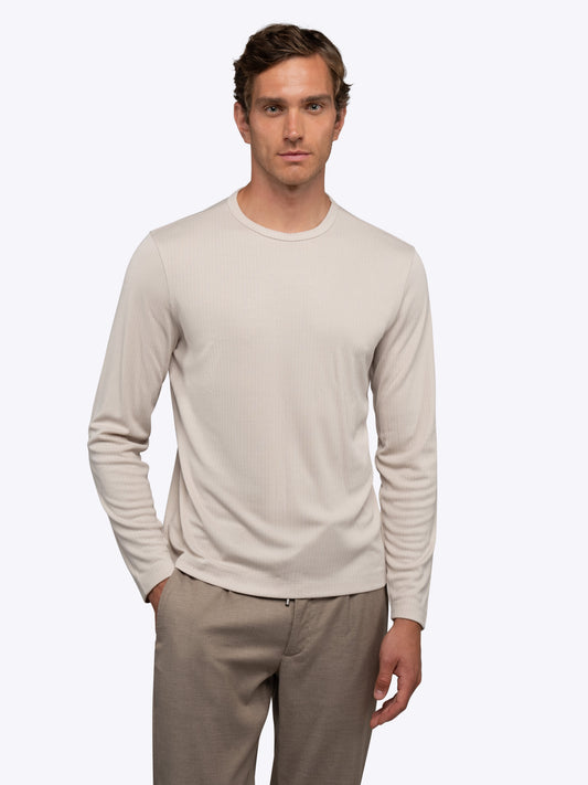 Soho Men's Ribbed Knit Long Sleeve Crew Neck T-Shirt – Bound Neckline, Breathable Stretch | Sand Dune