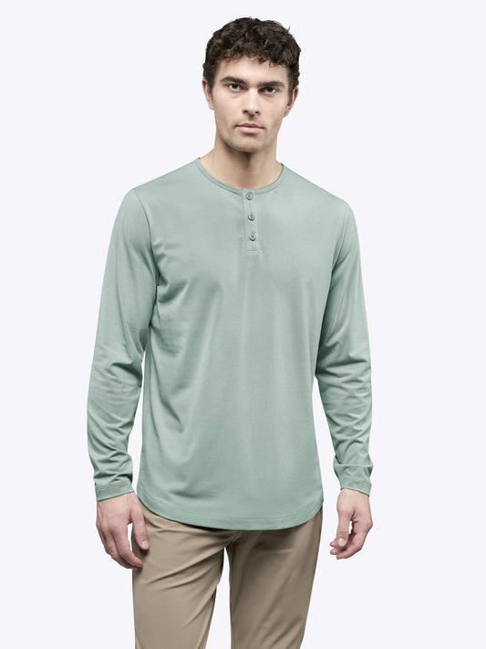 Men's Long Sleeve Henley T-Shirt – Curved Hem, Buttoned Placket, Trim Tailored Fit for Work and Travel | Slate Grey