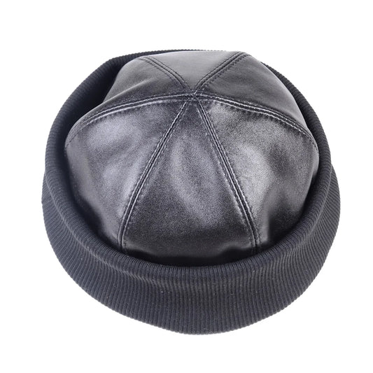 Saratov Men's Winter Genuine Leather Docker Cap – Sheepskin Leather, Fleece Lining, Three Sizes | Black