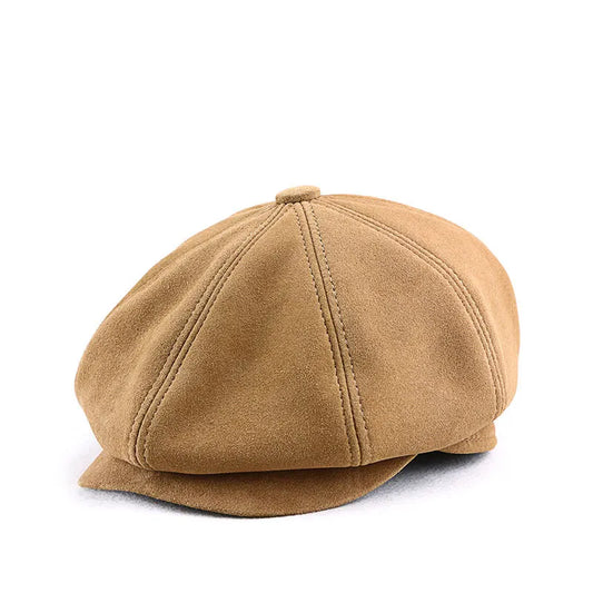 Shetland Men's Genuine Suede Newsboy Cap – 100% Cowhide Suede Leather, Panelled Crown, Three Sizes 55–60 cm