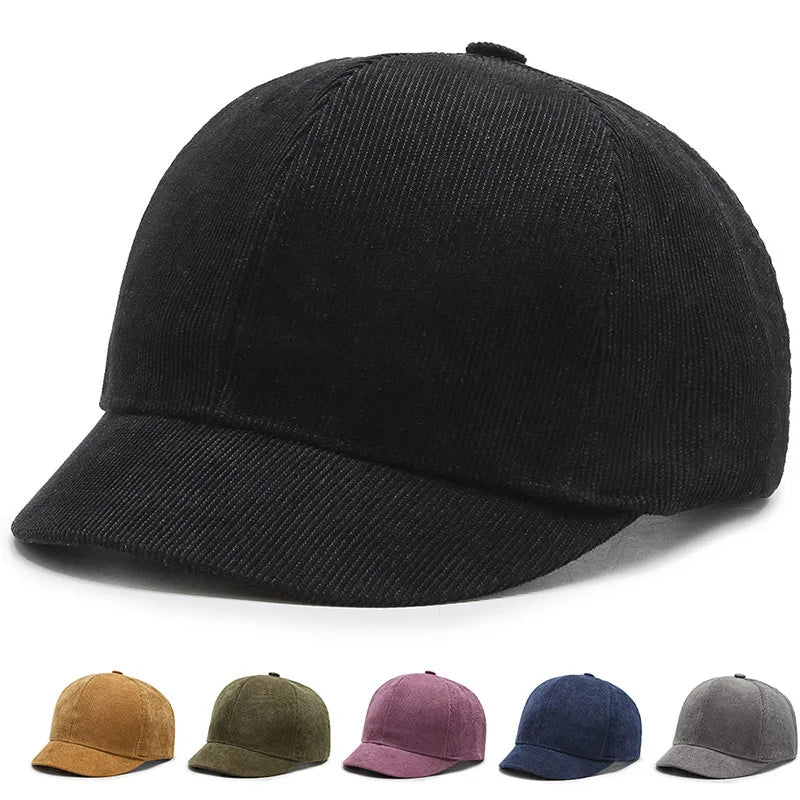 Men's Corduroy Baseball Cap – Short 5 cm Brim, Soft Cotton Sweatband, Adjustable 55–61 cm Fit