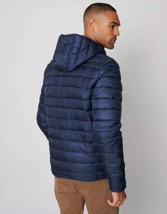 Matte Finish Padded Hooded Jacket in Navy by SATRI & CO. – product view 2