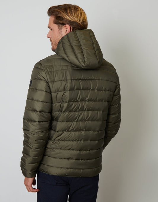 Matte Finish Padded Hooded Jacket in Khaki Green by SATRI & CO. – product view 2