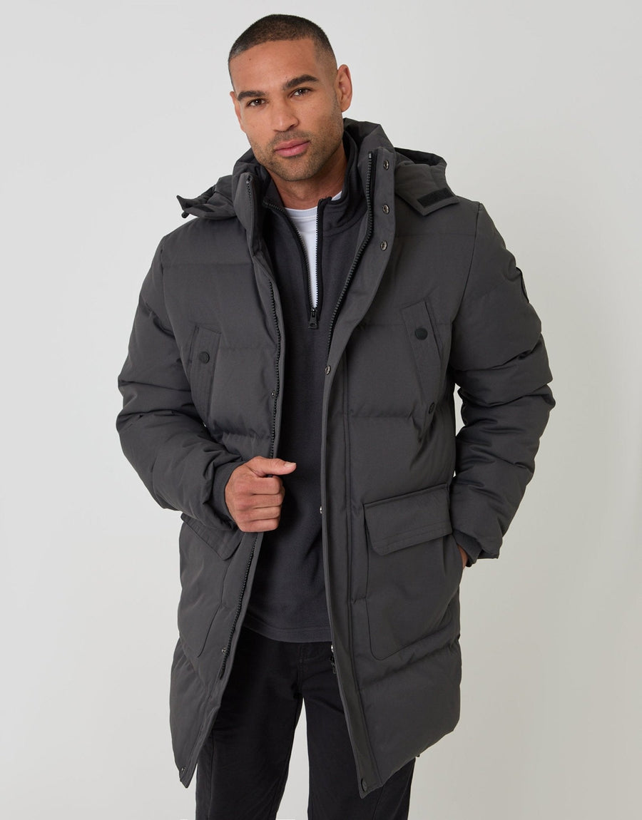 Men's Showerproof Hooded Puffer Coat – Adjustable Drawcord Waist, Storm Guard Zip, Flap Chest Pockets | Slate Grey
