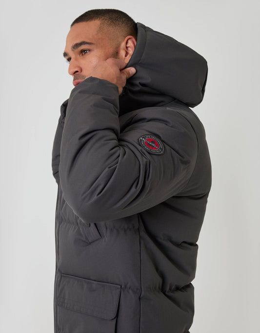 Showerproof Hooded Puffer Coat with Adjustable Waist in Slate Grey by SATRI & CO. – product view 2