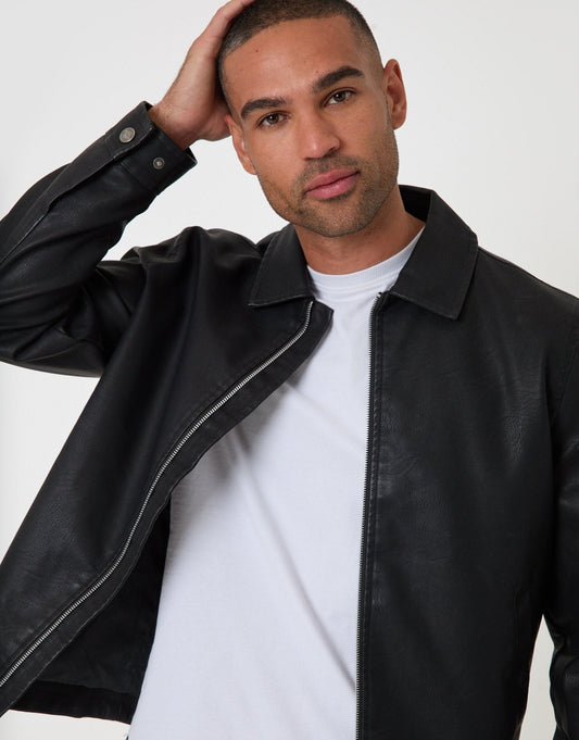 Faux Leather Zip Up Collared Jacket in Black by SATRI & CO. – product view 2