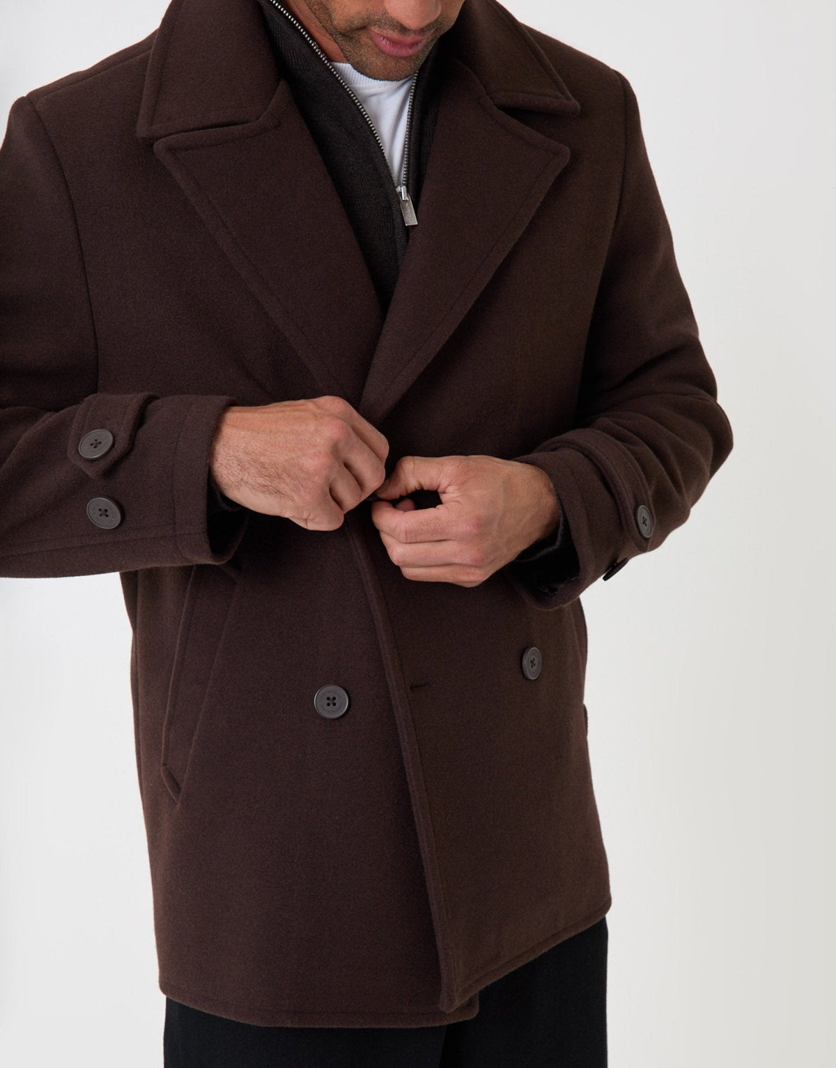 Faux Wool Double Breasted Short Trench Coat in Chocolate Brown by SATRI & CO. – product view 5