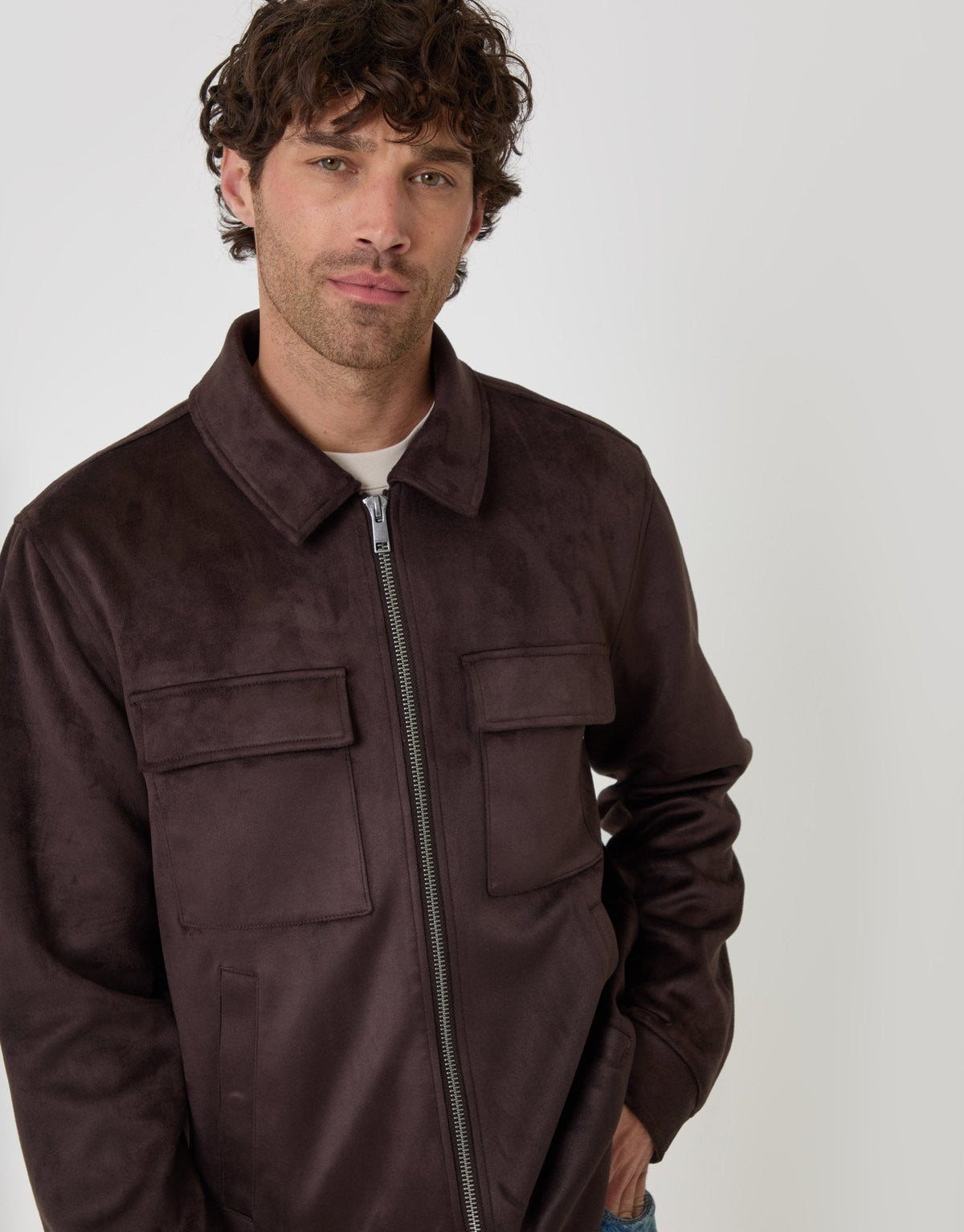 Faux Suede Collared Jacket in Chocolate Brown by SATRI & CO. – product view 5