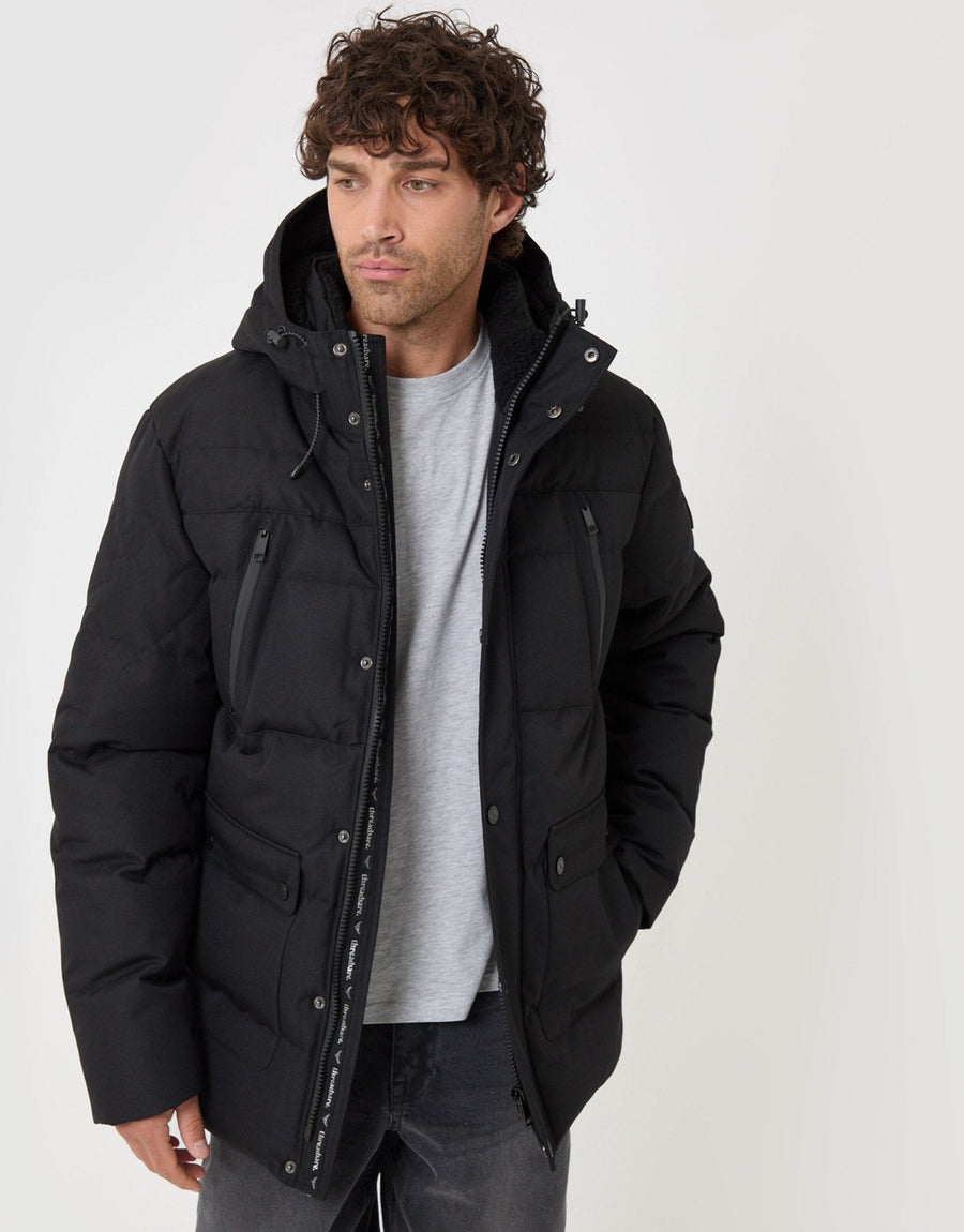 Men's Showerproof Hooded Puffer Coat – Borg Lined Hood, Quilted Lining, Zip Chest and Flap Patch Pockets | Black