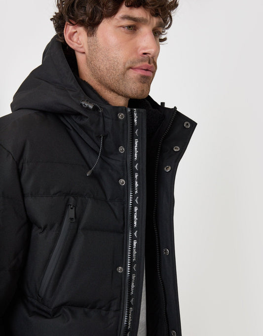 Showerproof Hooded Puffer Coat with Borg Lined Hood in Black by SATRI & CO. – product view 2