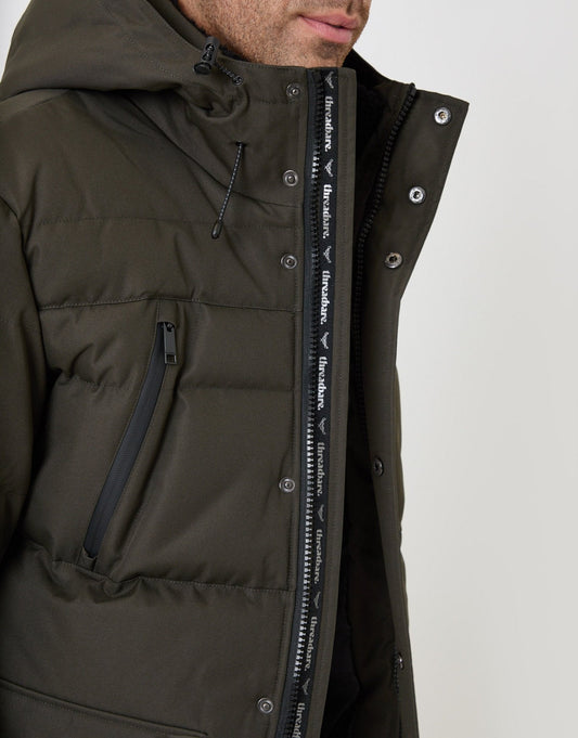 Showerproof Hooded Puffer Coat with Borg Lined Hood in Khaki by SATRI & CO. – product view 2