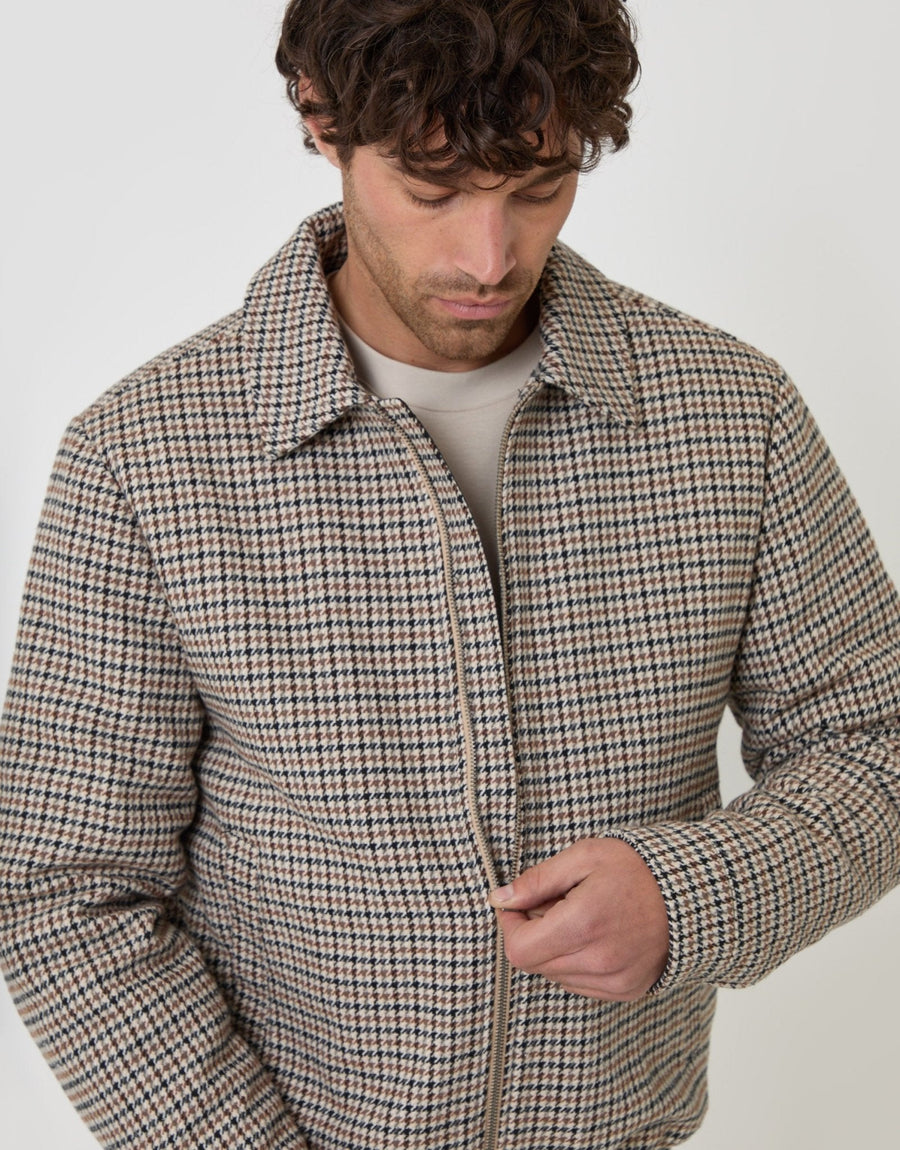 Men's Faux Wool Houndstooth Check Collared Jacket – Two-Way Zip, Elasticated Hem, Popper Pockets | Brown Check