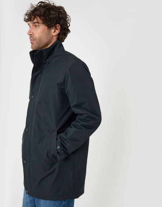 Longline Showerproof Funnel Neck Coat in Navy by SATRI & CO. – product view 2