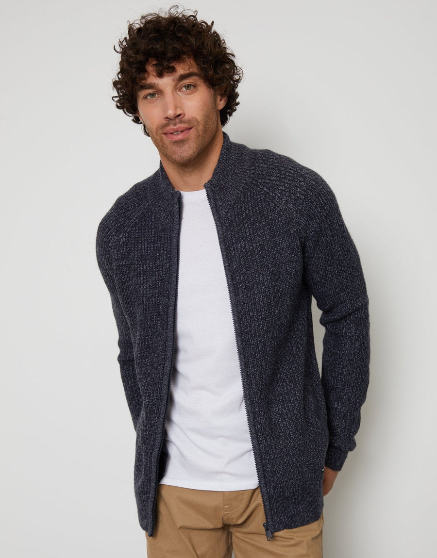 Men's Full-Zip Knitted Cardigan – Ribbed Funnel Neck, Concealed Zip, Raglan Sleeves and Welt Pockets | Navy