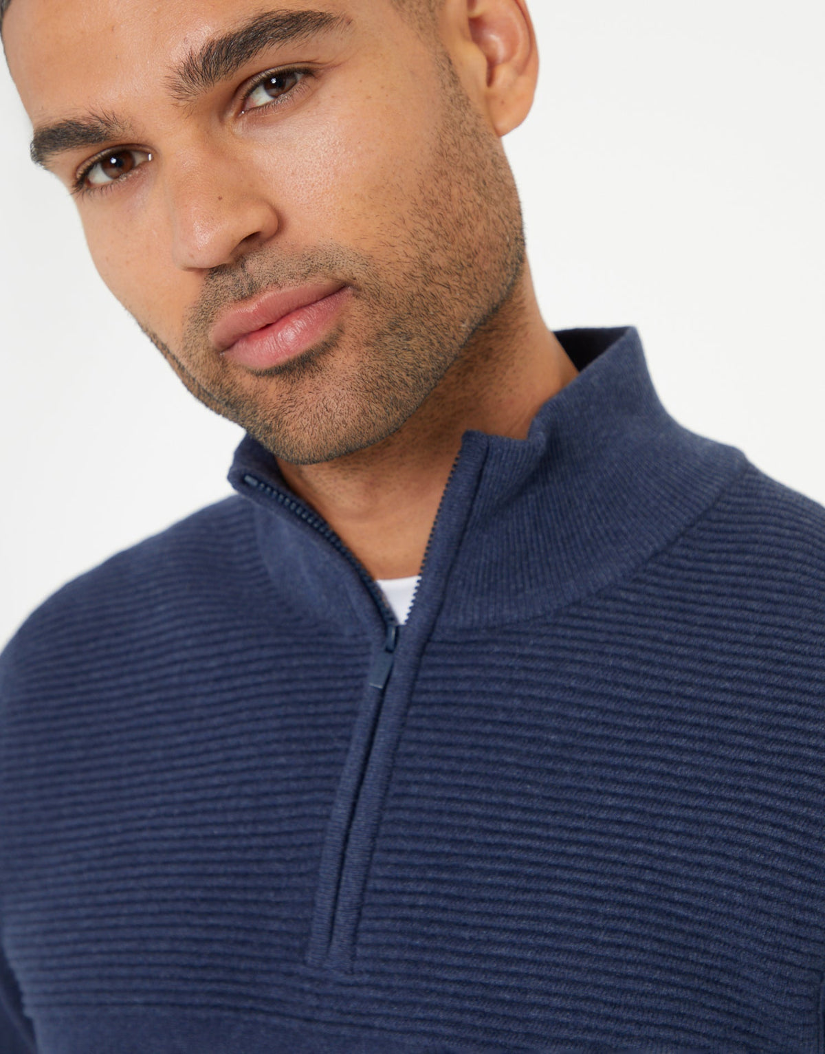 Men's Rib Detail Knitted Quarter Zip Jumper in Denim Blue – view 4