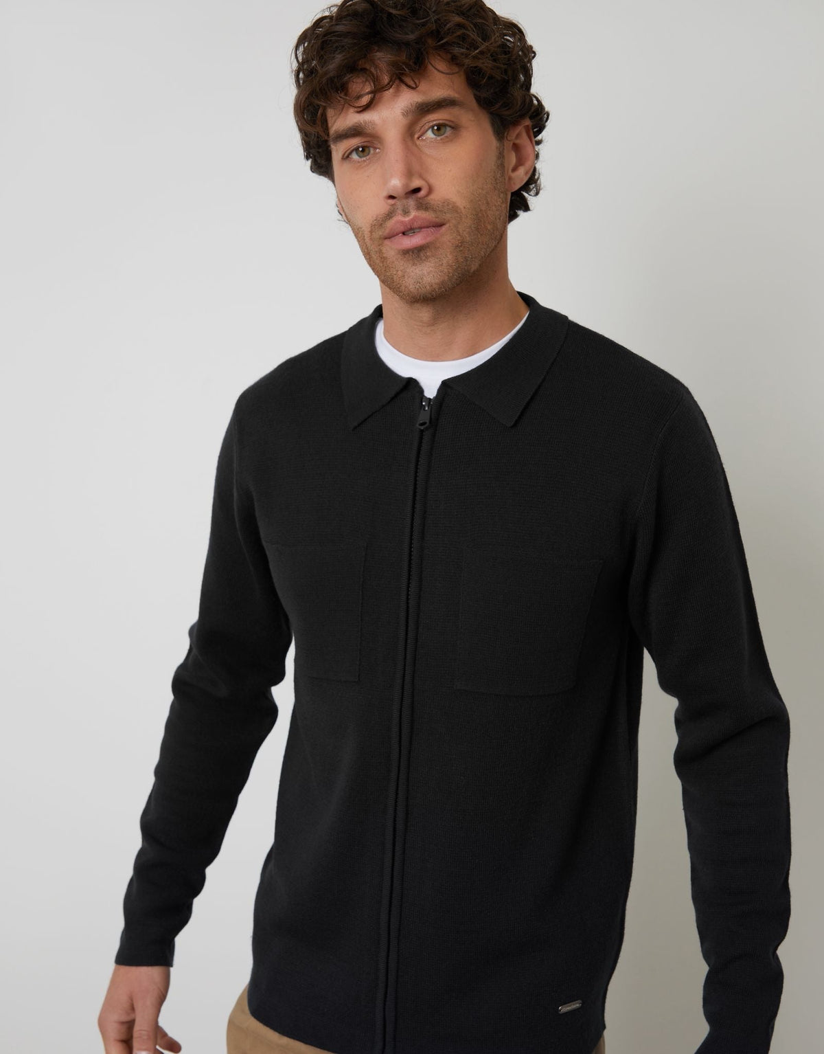 Men's Zip-Through Knitted Shacket in Black – view 4