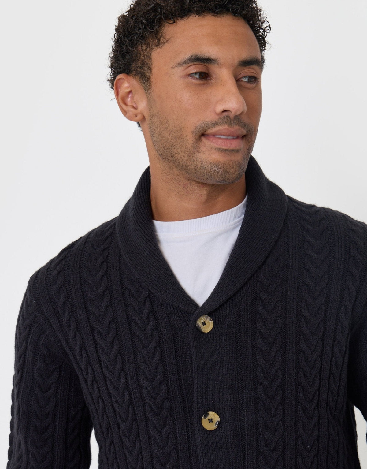Cable Knit Shawl Cardigan in Navy by SATRI & CO. – product view 4