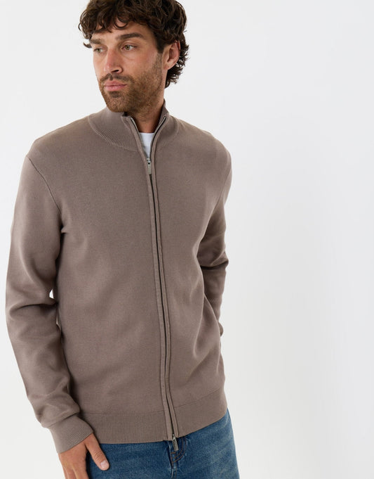 Zip-Through Funnel Neck Knitted Cardigan in Taupe by SATRI & CO. – product view 2