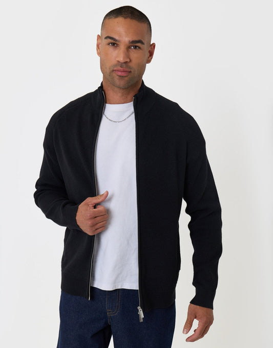 Knitted Zip Up Funnel Neck Cardigan in Black by SATRI & CO. – product view 2