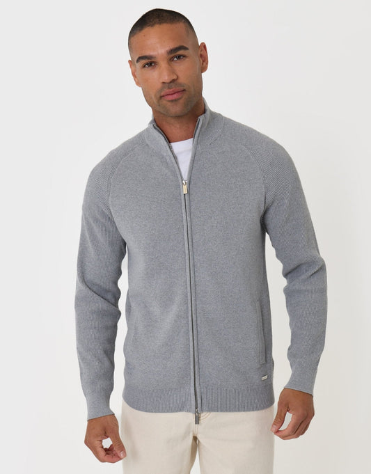 Knitted Zip Up Funnel Neck Cardigan in Grey by SATRI & CO. – product view 2
