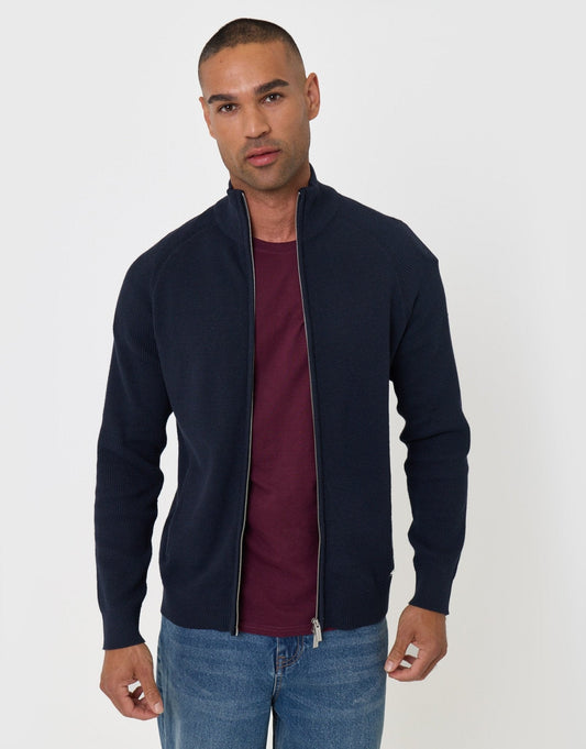Knitted Zip Up Funnel Neck Cardigan in Navy by SATRI & CO. – product view 2