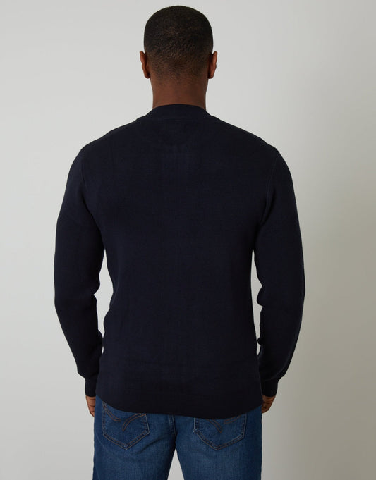 Bomber-Style Knitted Zip Through Cardigan in Navy by SATRI & CO. – product view 2
