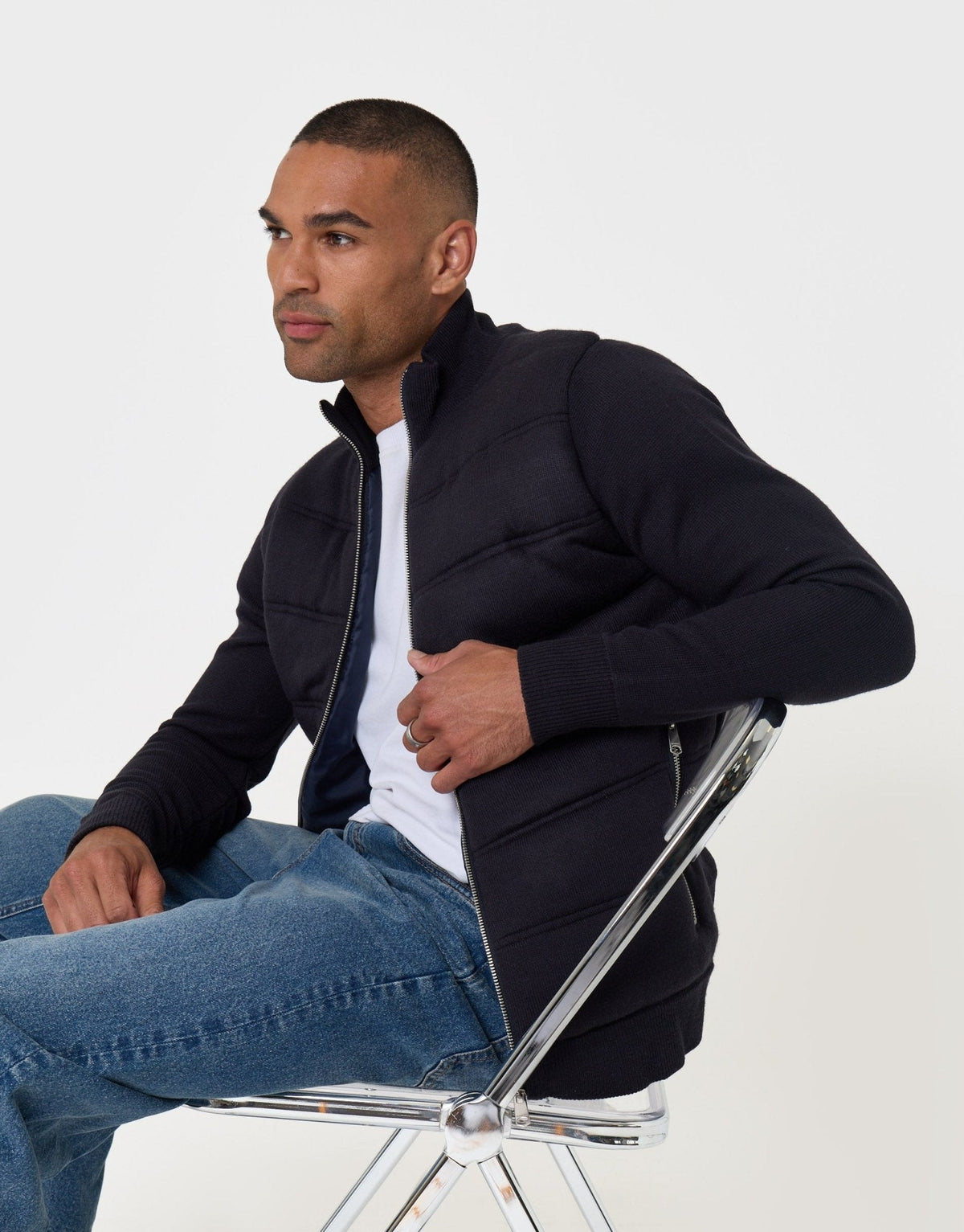Men's Quilted Zip-Up Knitted Jacket – Milano Stitch Knit Sleeves, Ribbed Funnel Neck, Two Zip Pockets | Navy