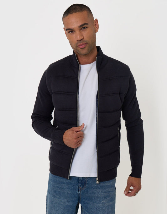 Quilted Zip Up Knitted Jacket in Navy by SATRI & CO. – product view 2