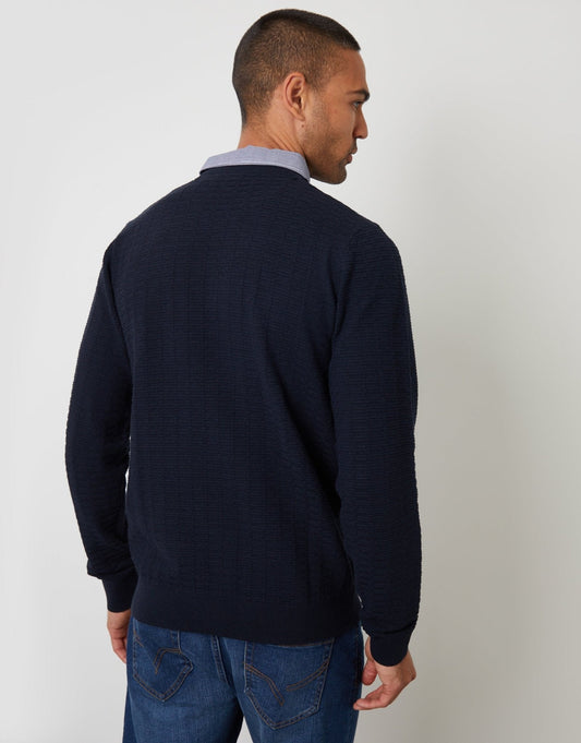Men's Mock Shirt Collar Textured Knitted Jumper in Navy – view 2
