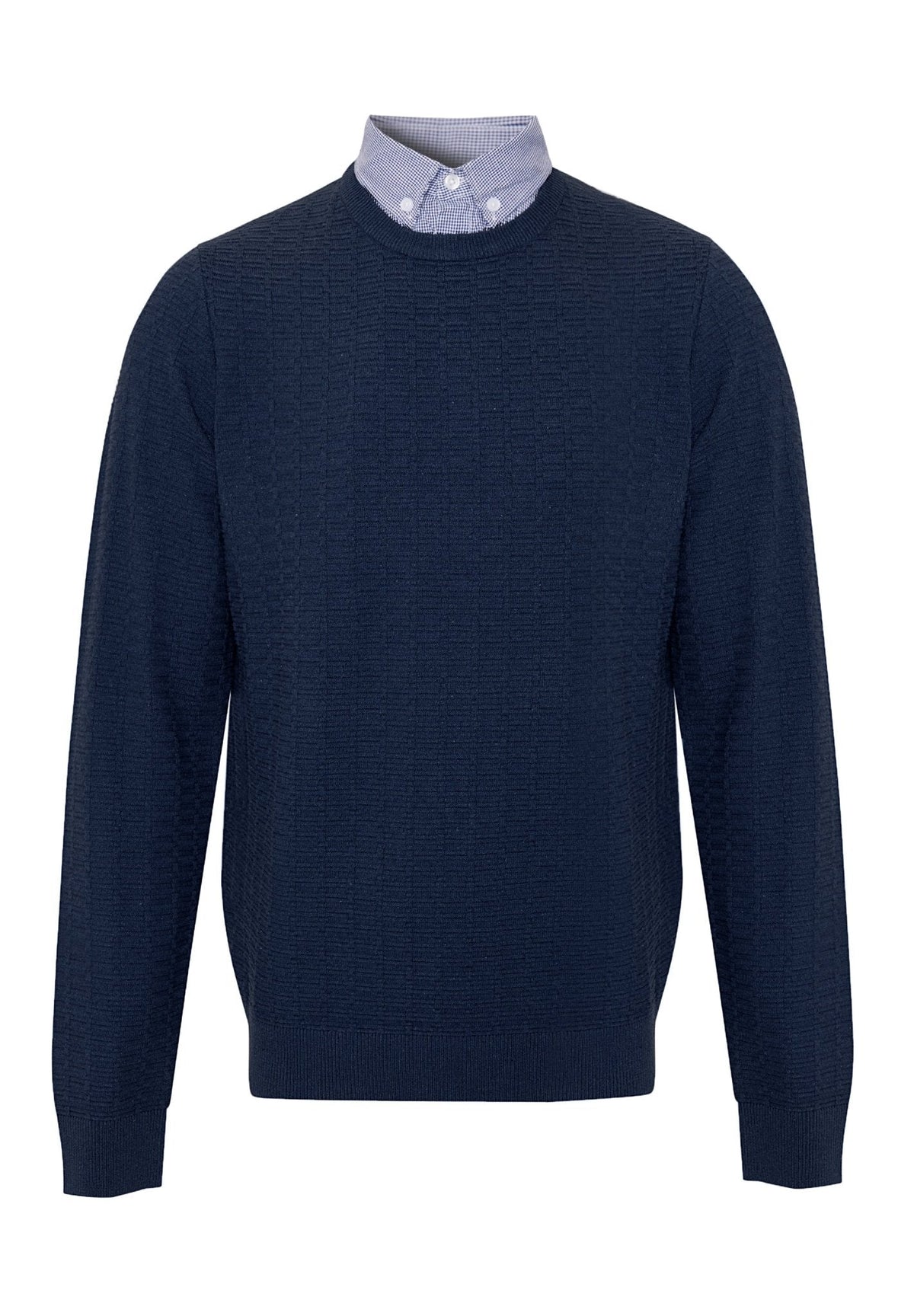 Men's Mock Shirt Collar Textured Knitted Jumper in Navy – view 7