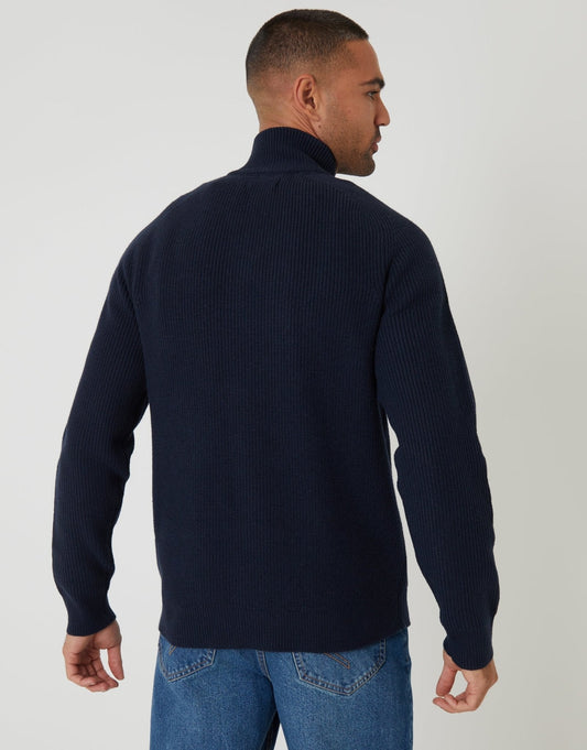 Rib Panel Quarter Zip Knitted Jumper in Navy by SATRI & CO. – product view 2