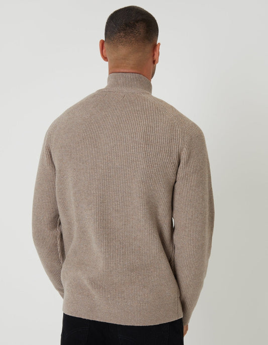 Rib Panel Quarter Zip Knitted Jumper in Taupe by SATRI & CO. – product view 2