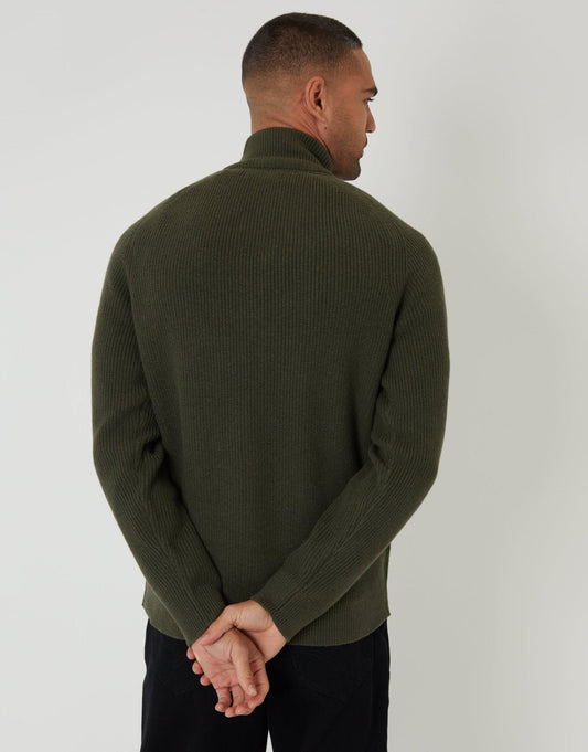Rib Panel Quarter Zip Knitted Jumper in Forest Green by SATRI & CO. – product view 2