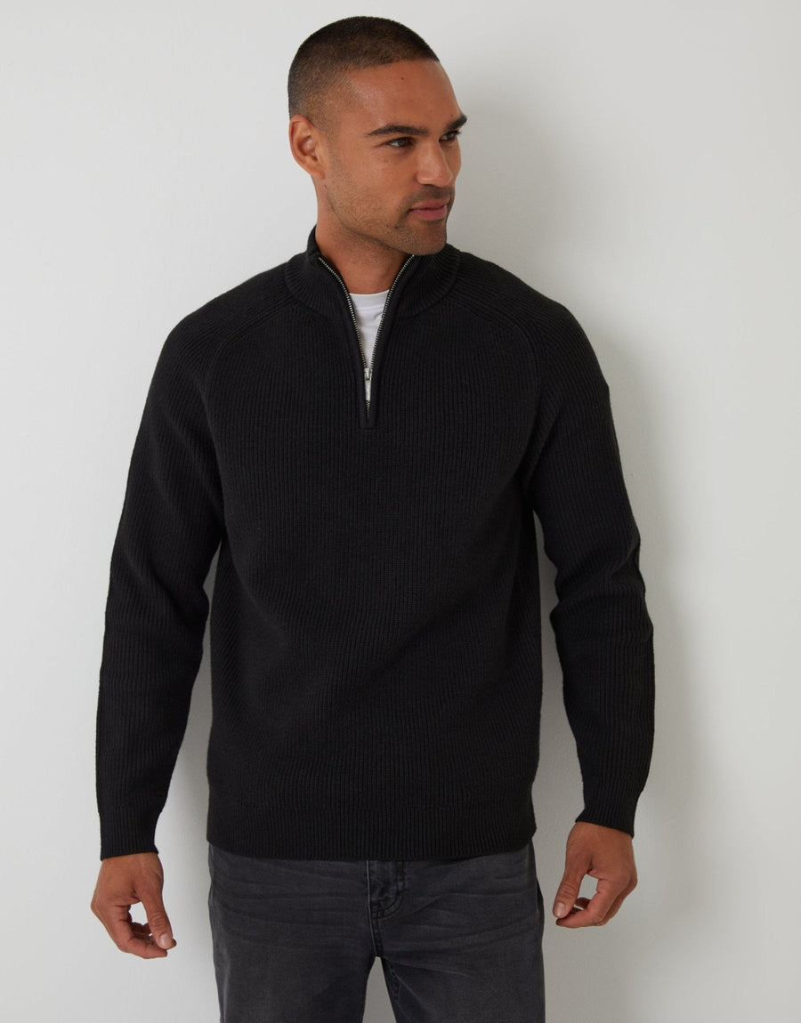 Men's Rib Panel Quarter Zip Knitted Jumper – Textured Half Cardigan Stitch, Funnel Neck | Black
