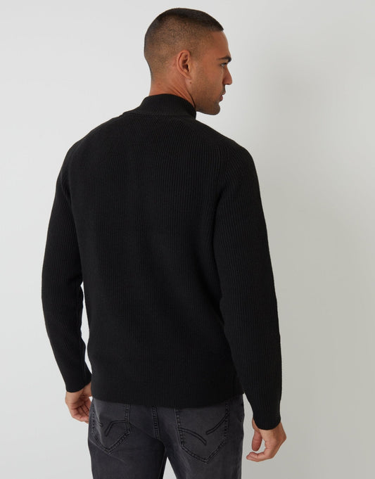 Rib Panel Quarter Zip Knitted Jumper in Black by SATRI & CO. – product view 2