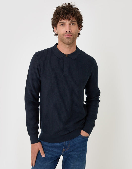Men's Waffle Stitch Polo Collar Jumper in Navy – view 2