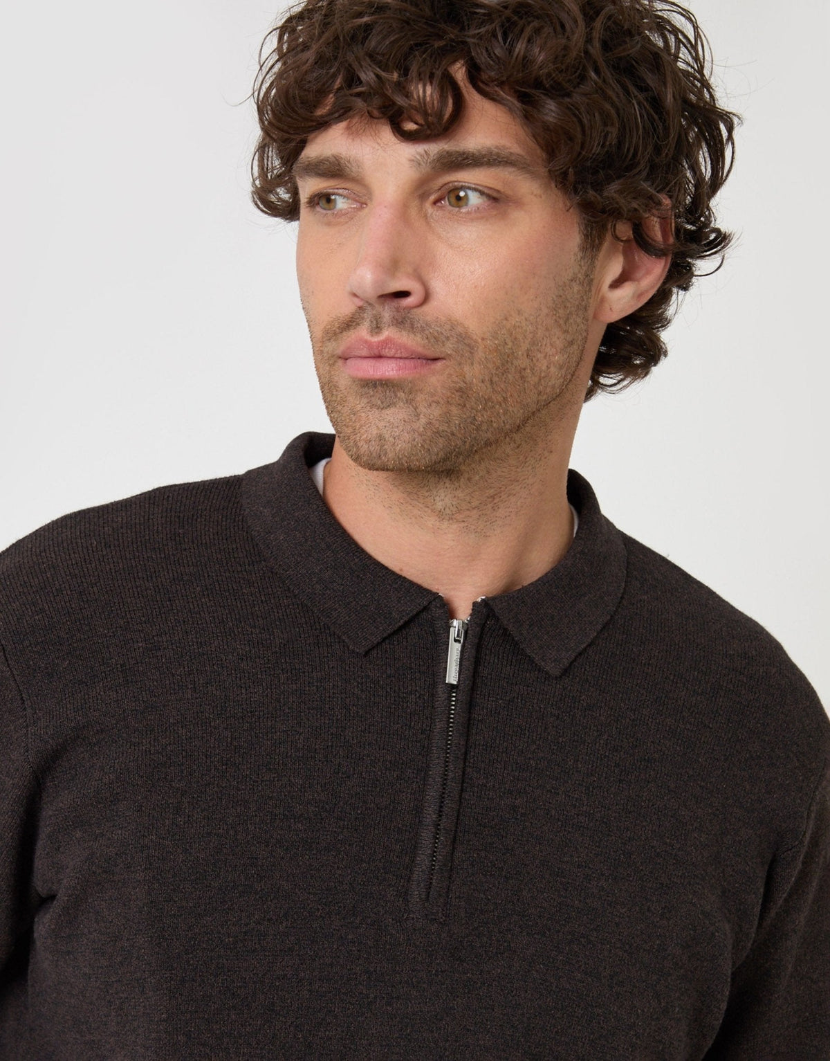 Men's Cotton Rich Quarter Zip Polo Shirt in Chocolate Brown – view 4